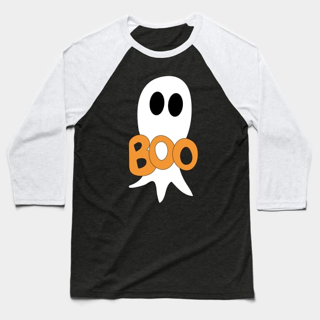 Cute Halloween ghost cartoon with BOO text Baseball T-Shirt by Angel Dawn Design